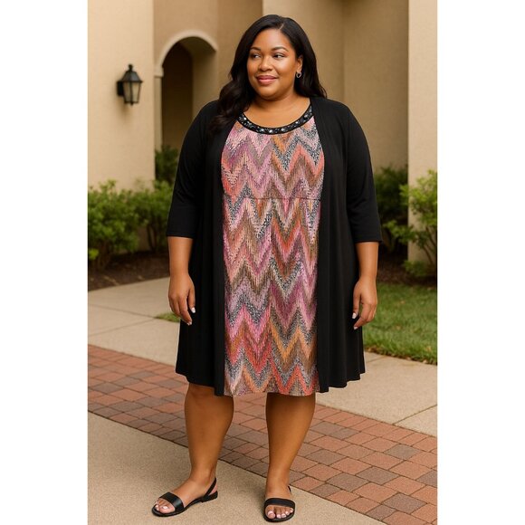 Notations 2X Dress Black Layered Look Jacket Chevron Print Embellished Neckline - Picture 9 of 11